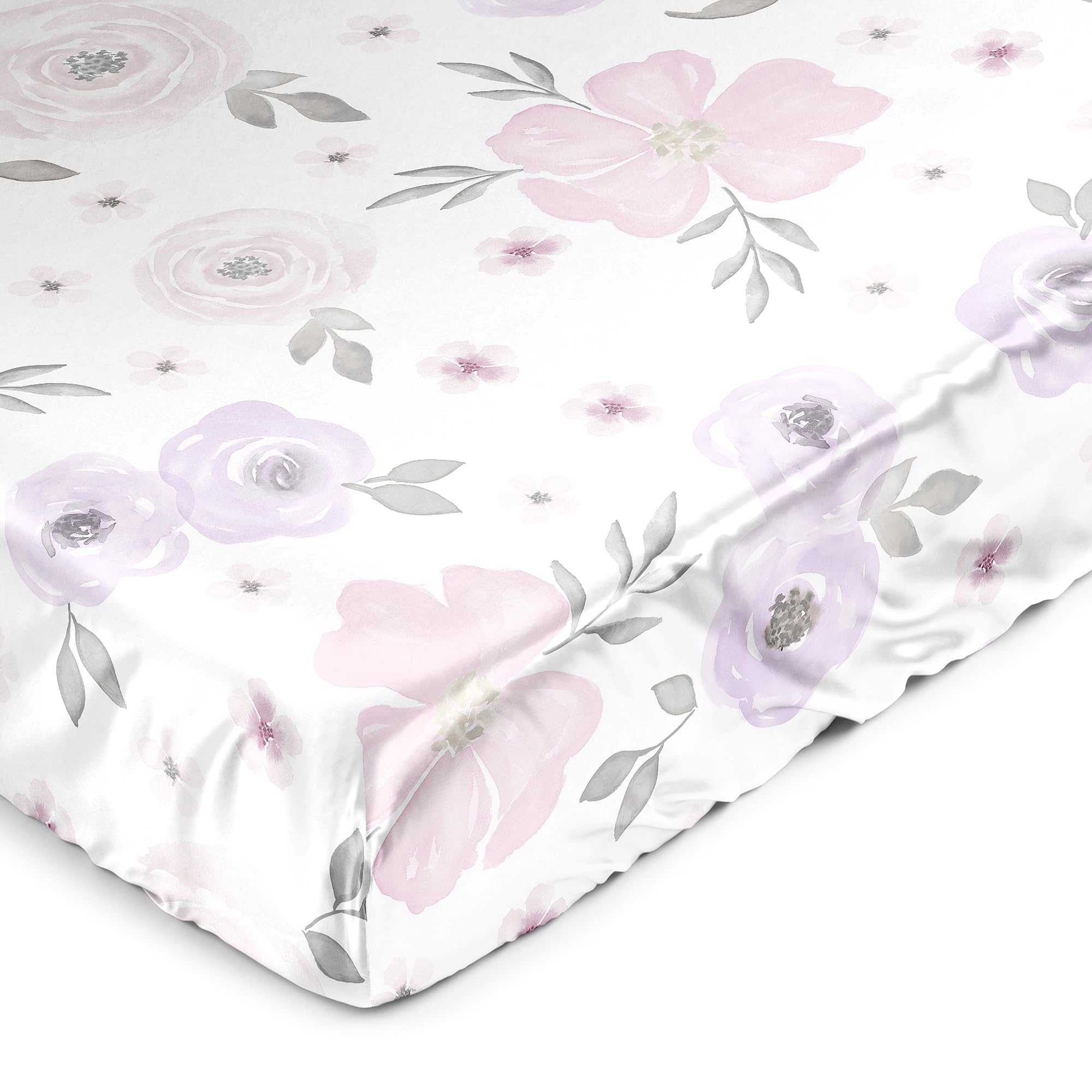 Sweet Jojo Designs Satin Fitted Cot Bed Sheets Boho Floral Lavender Purple Newborn Nursery Toddler Bedroom Standard Pink Grey Bohemian Farmhouse