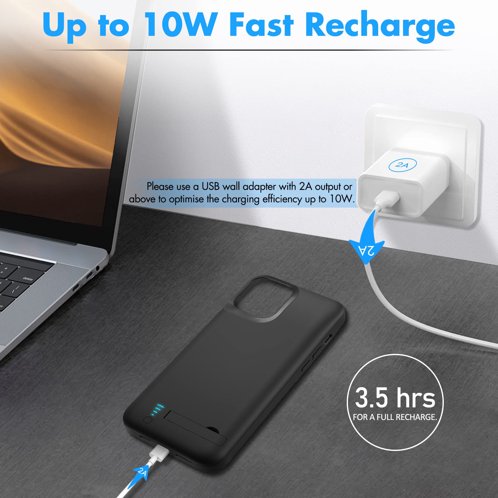 Cover Batteria per iPhone 12 Mini/13 Mini (5.4"), 8500mAh Custodia Batteria Protettiva a 360° con Supporto, Powerbank Ricaricabile ed Espandibile & Film Temperato