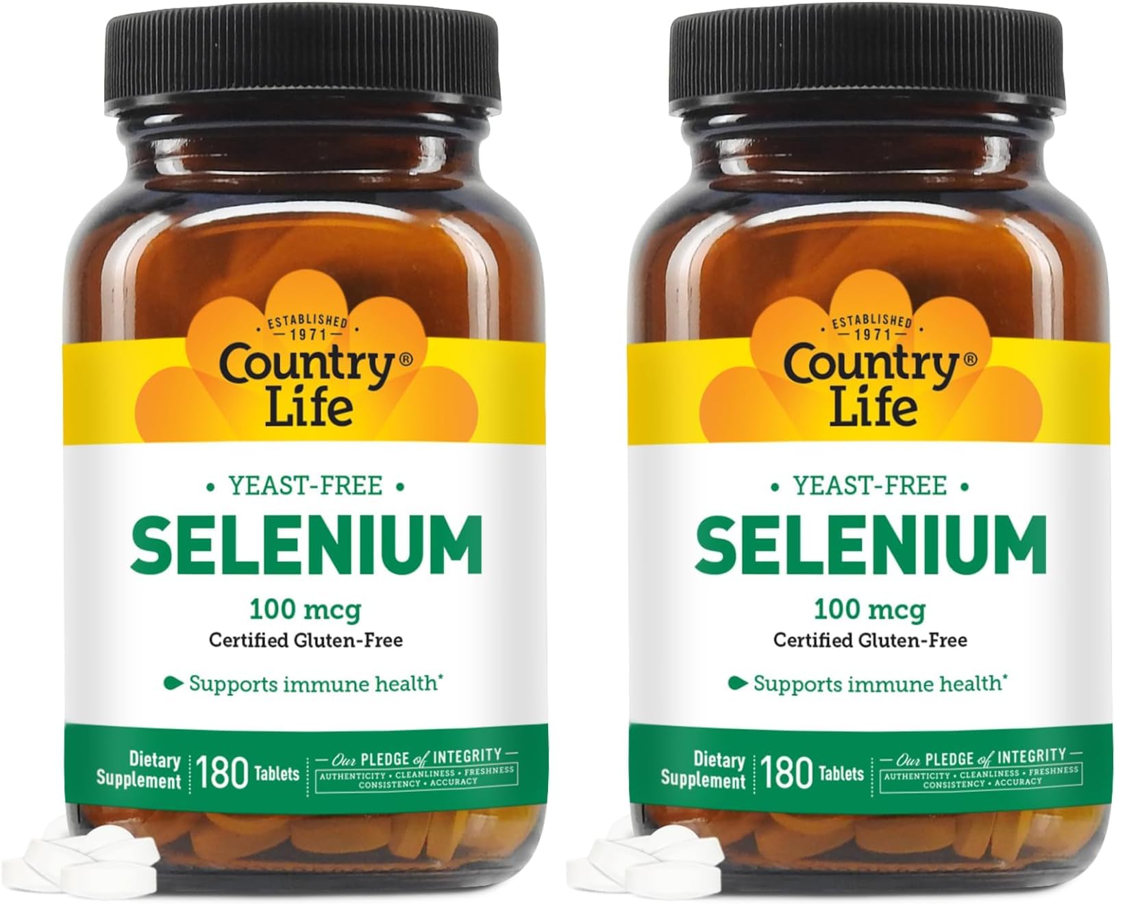Country Life Selenium, Yeast Free, Supports Immune Health, 100 mcg, 180 Tablets, Gluten Free, Vegan, Halal (Pack of 2) 180 Count (Pack of 2)