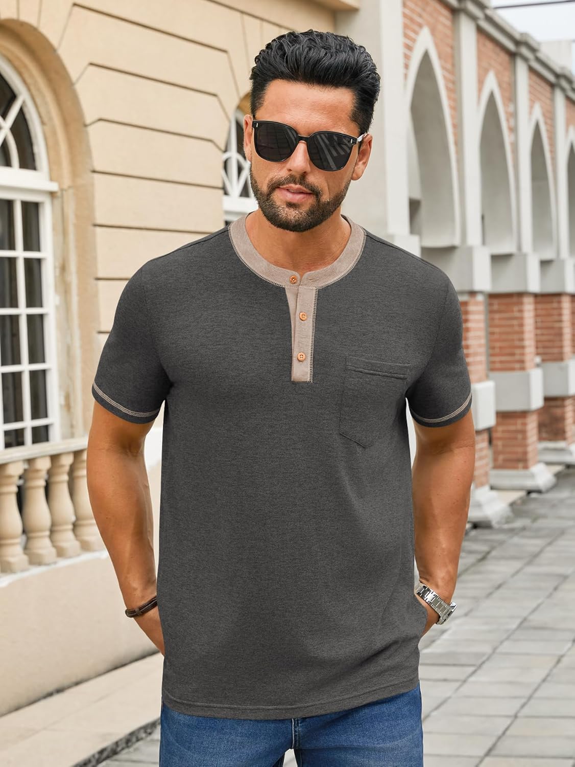 Hardaddy Men's Short Sleeve Henley Shirts Casual Color Block T-Shirts Button Henley Tee with Pocket - Image 2