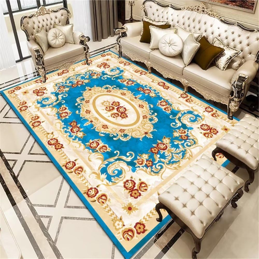 Tapis enfant chambre fille et adulte 140x200cm avec motif floral bleu vintage