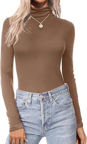 Ekouaer Camisas de manga larga con cuello alto para mujer, capa base ligera, color liso, ajuste delgado (S-XXL)