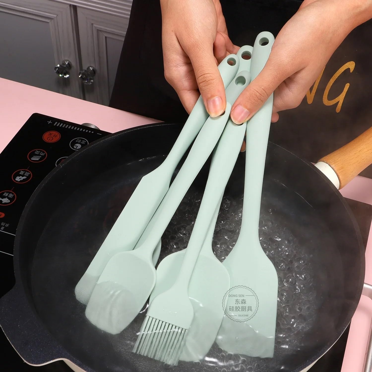 Juego de utensilios de cocina de silicona, 6 piezas con raspador, espátula y cepillo de aceite para hornear y cocinar, antiadherente y apto para lavavajillas