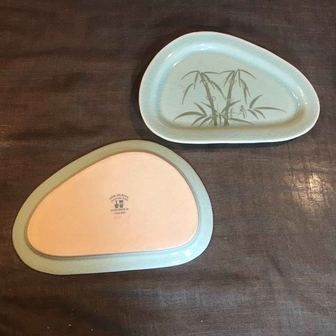 Siam Celadon Bamboo and Bird Pattern Variable Colored Flat Plates Set of 2