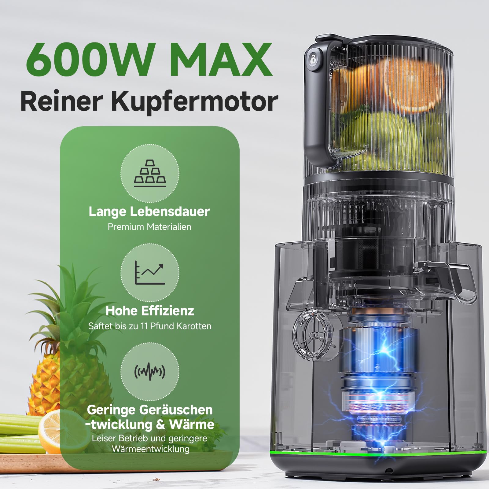 AMZCHEF Entsafter Slow Juicer für ganze Früchte & Gemüse, Kaltpress Saftpresse mit 155 mm XXL-Einfüllöffnung, 2,5 L Behälter, 3-in-1 Sieb (für Saft, Sorbet & Nussmilch), leicht zu reinigen, Schwarz