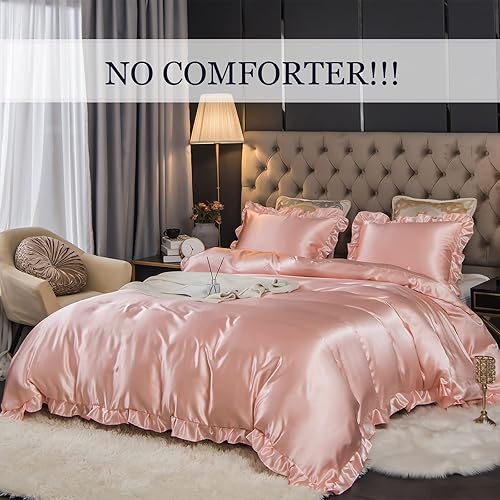 Miniatura 6 de Juego de funda de edredón de lujo sedoso de satén rosa con estampado de volantes de satén rosa y seda rosa, juego de ropa de cama tamaño Queen, 1