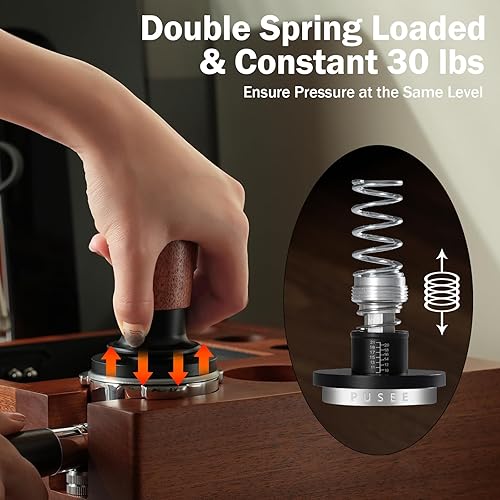 Miniatura 3 de PUSEE Manipulador de café expreso de 2.008 in, manipulador de café calibrado con 30 libras de doble resorte de madera de nogal para barista hogar,
