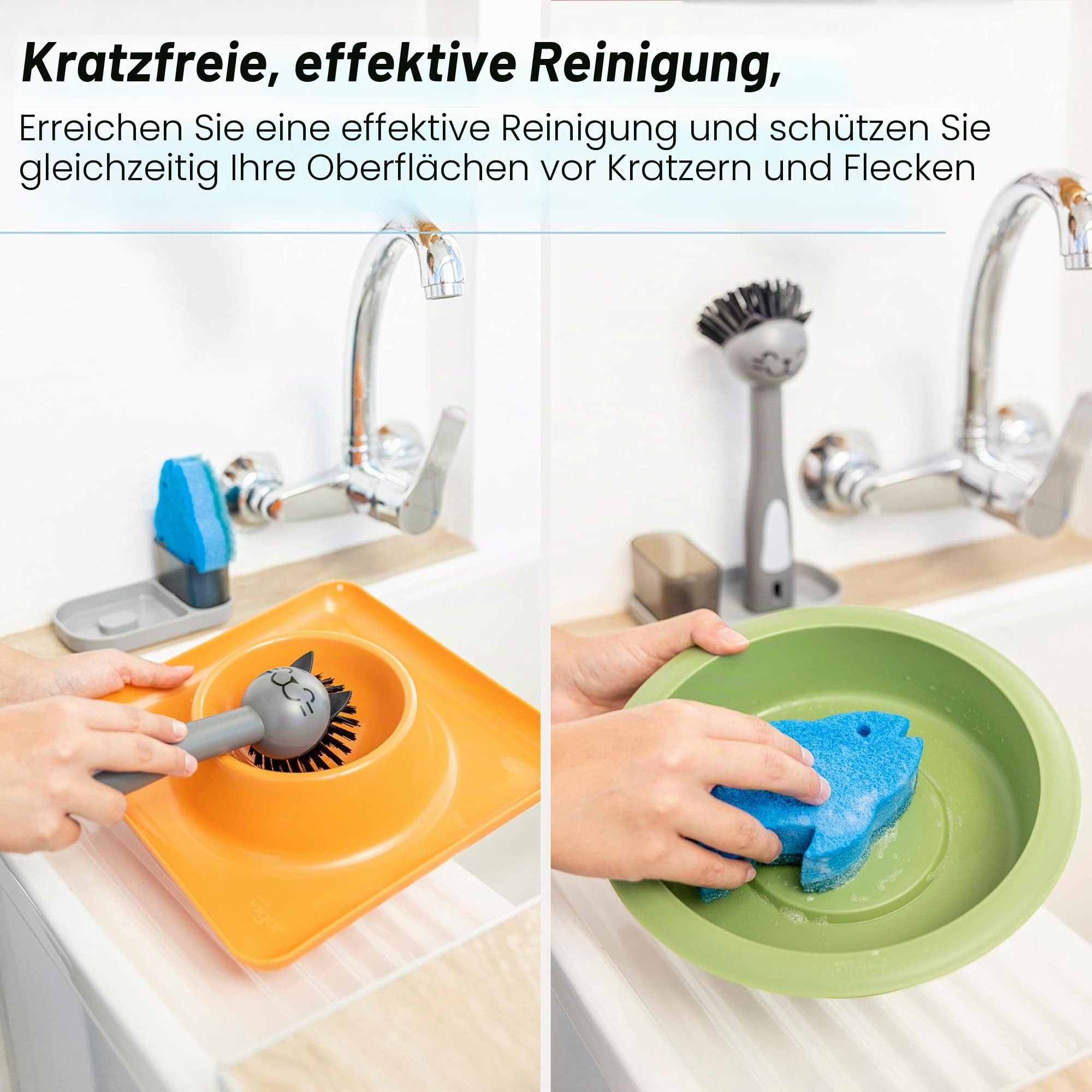 Vigar – Set aus Bürste, Scheuerschwamm und Tablett – Pets Club-Kollektion – 13,5 x 8 x 23 cm – widerstandsfähige Borsten – Haustierzubehör – Grau, Schwarz und Blau