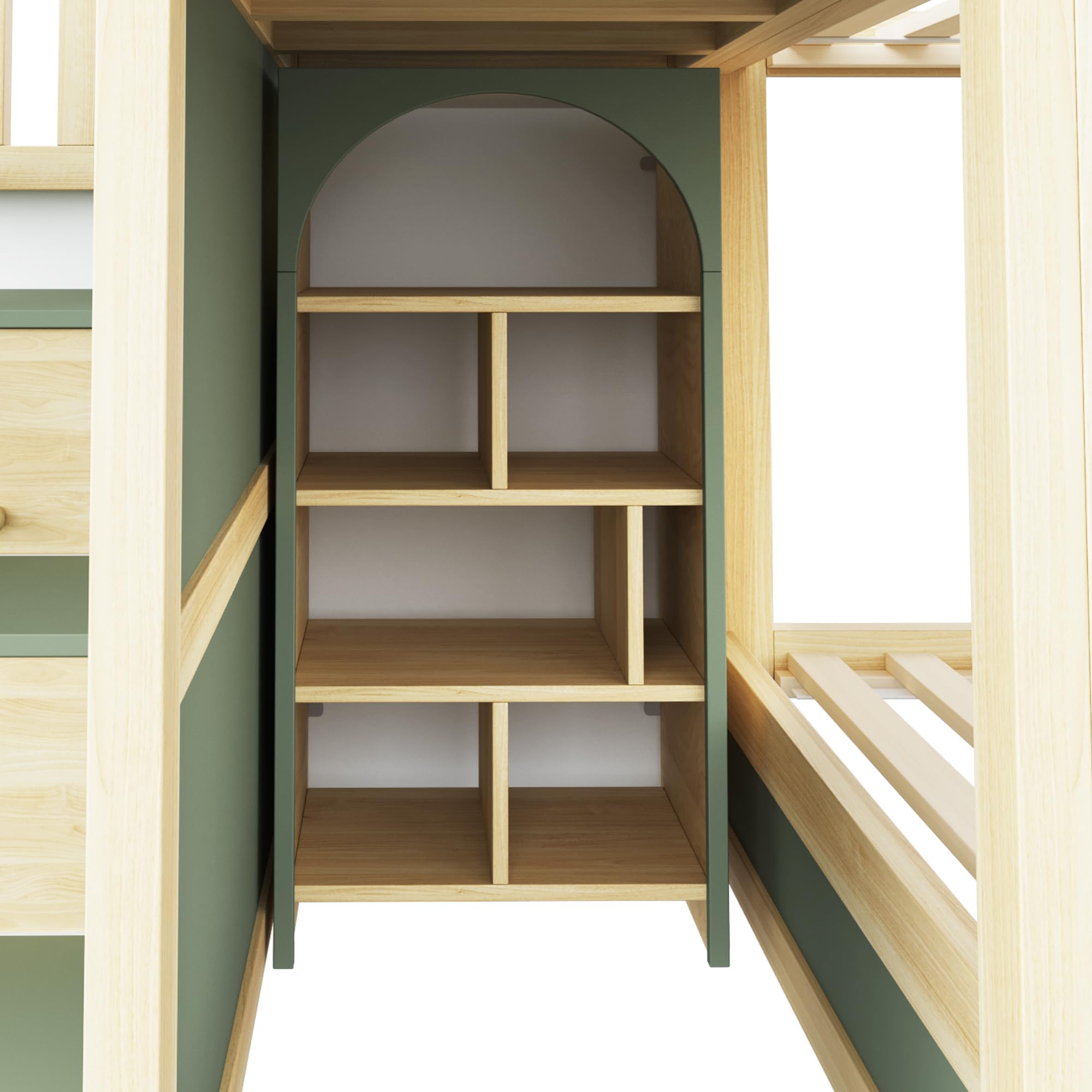 Letto Casetta per Bambini Ragazzi 90x200cm con Scaletta Contenitore, Mensole e Cassetti, Tetto con finestre, Letto a Castello Matrimoniale con Rete a Doghe (Verde) Senza Materasso