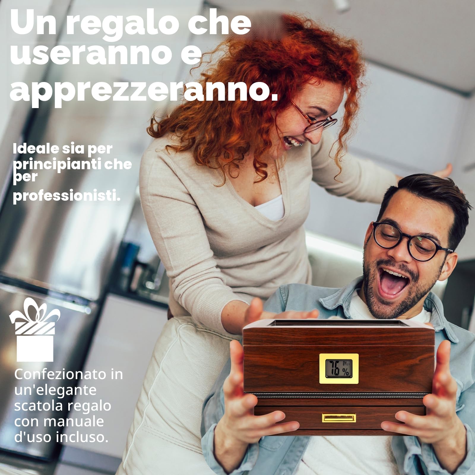 Humidor in Cedro per 75 Sigari, Igrometro, Finitura Noce | Cedro spagnolo, vetro temperato, igrometro, umidificatore, 2 divisori e cassetto accessori in feltro; fino a 75 sigari