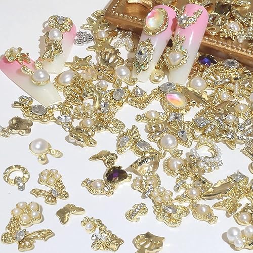 Miniatura 5 de Dornail 50 dijes dorados para uñas acrílicas, estilos mixtos, diamantes de imitación brillantes de aleación de perlas para uñas, flores, mariposa,