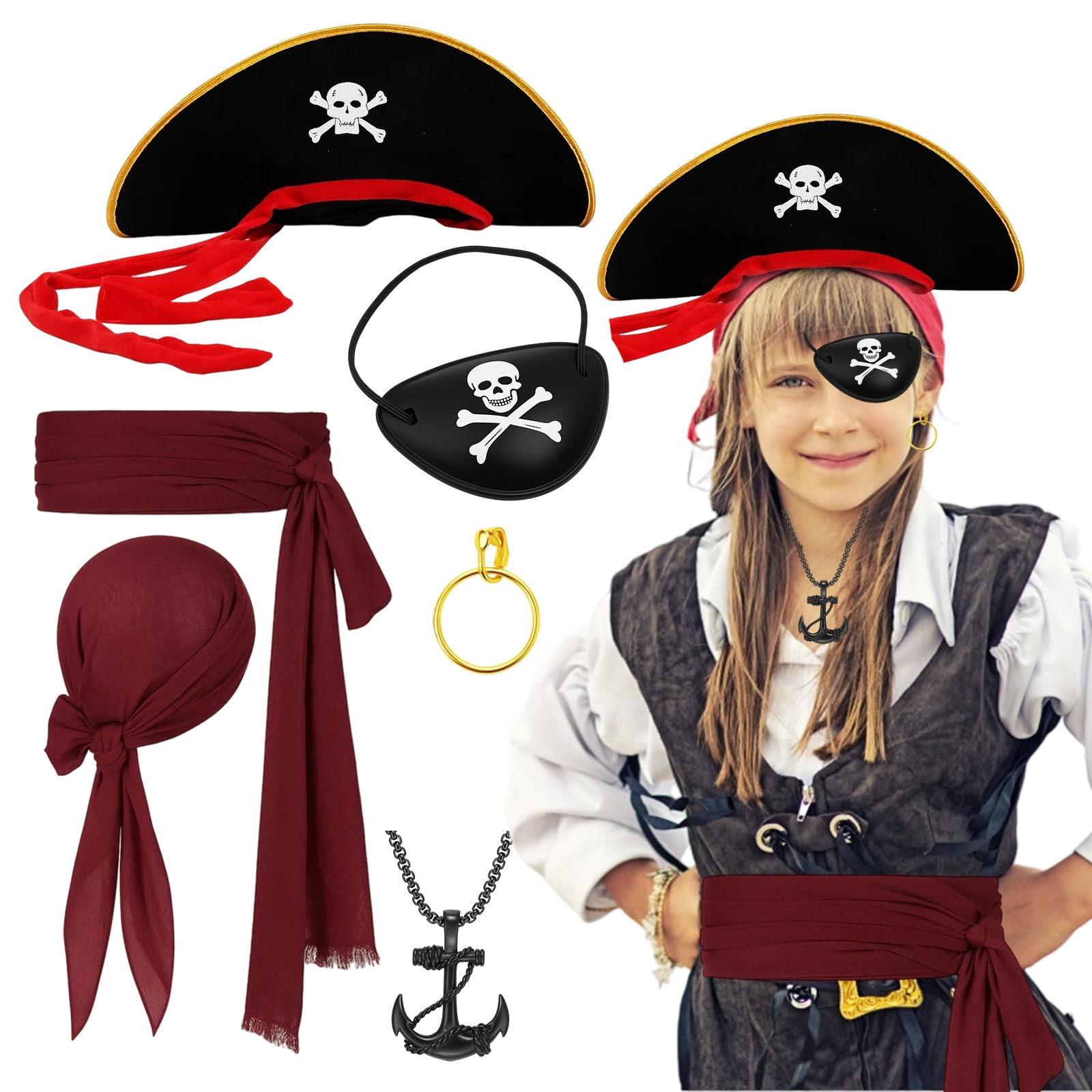 ZPSCXQ Pirate Costume Accessories, Pirate Hat and Eye Patch Set, Cosplay, Halloween Party Dress Up, Pirate Themed Events, 1 Piece Set with Hat, Eye Patch, Earrings, Necklace, Headscarf and Belt