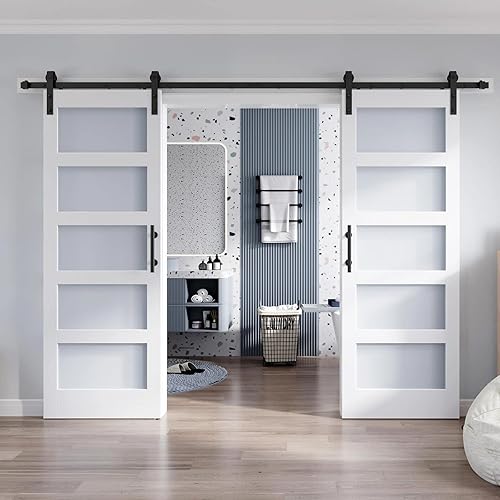 ROYMELO Puerta de granero de vidrio blanco doble de 38 x 84 pulgadas con kit de herramientas de 6.6 pies incluido y conector de riel