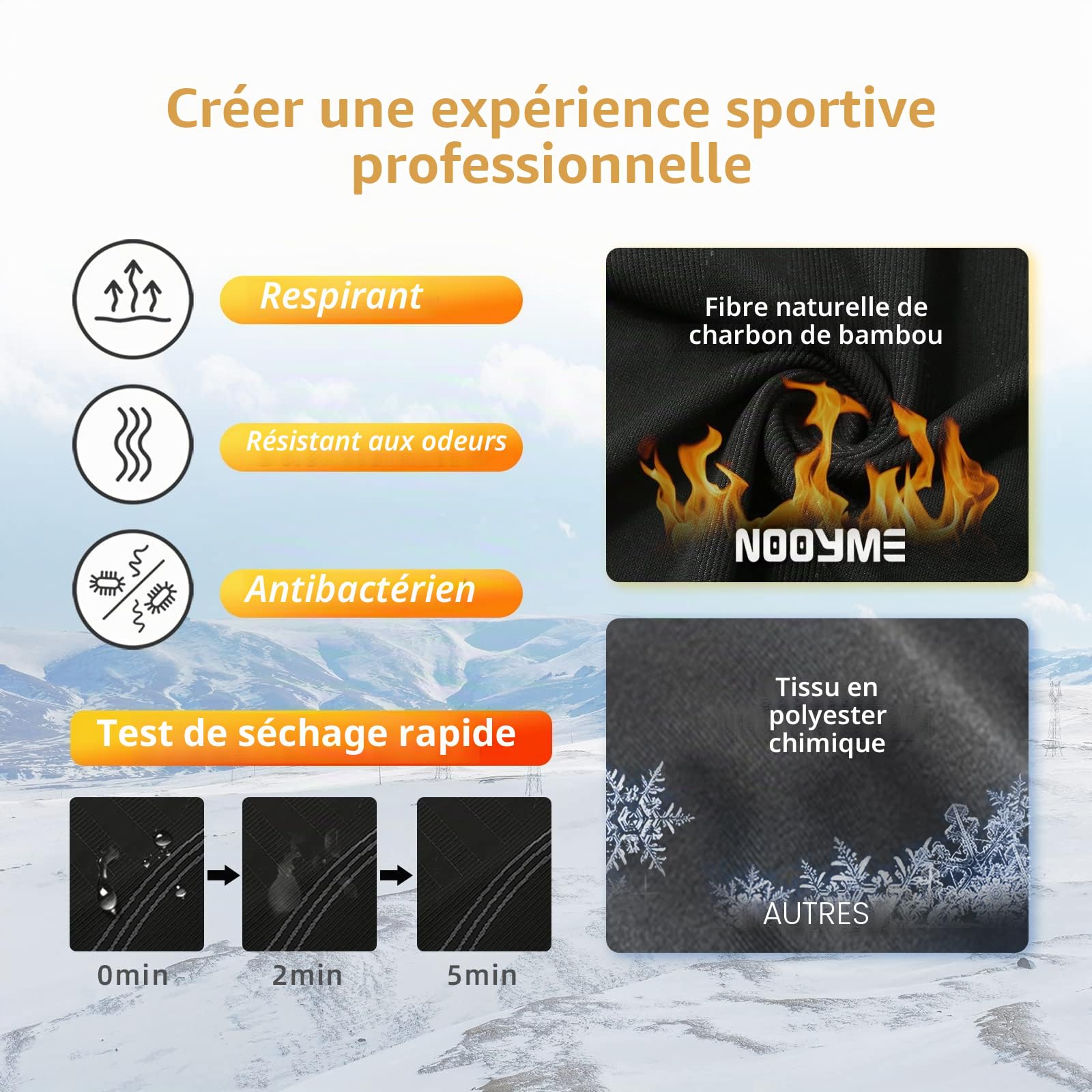 NOOYME Sous-Vêtement Thermique Homme Fonctionnel Tenant Chaud Respirant Élastique Ensemble de Ski pour Automne Hiver