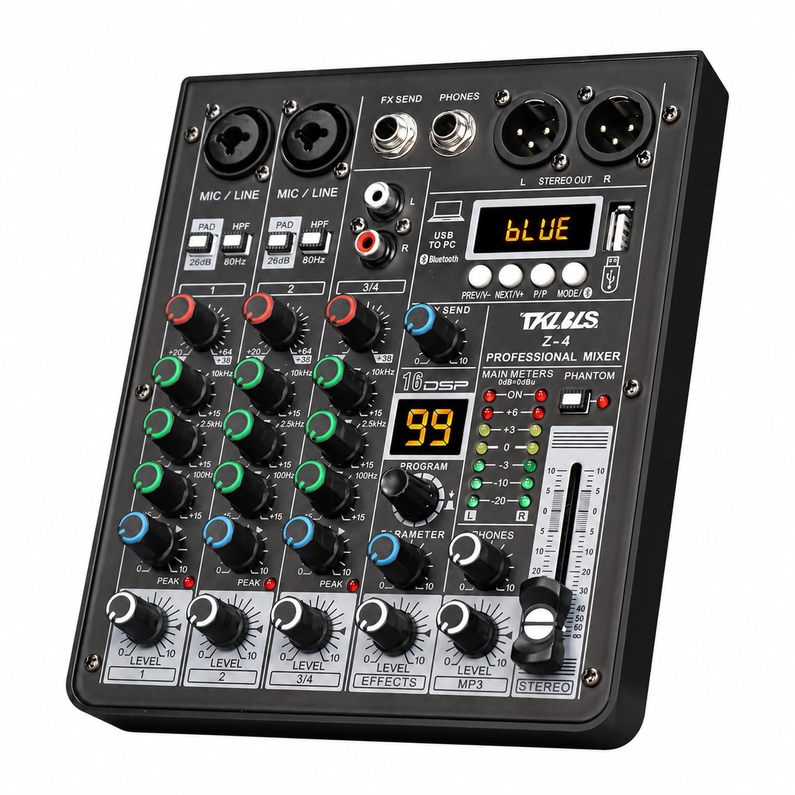 profesjonalny mikser DJ, konsola do miksera dźwiękowego z 4-kanałowym 99-bitowym DSP, cyfrowe wejście komputerowe MP3, nagrywanie stereo 48 V, transmisja na żywo