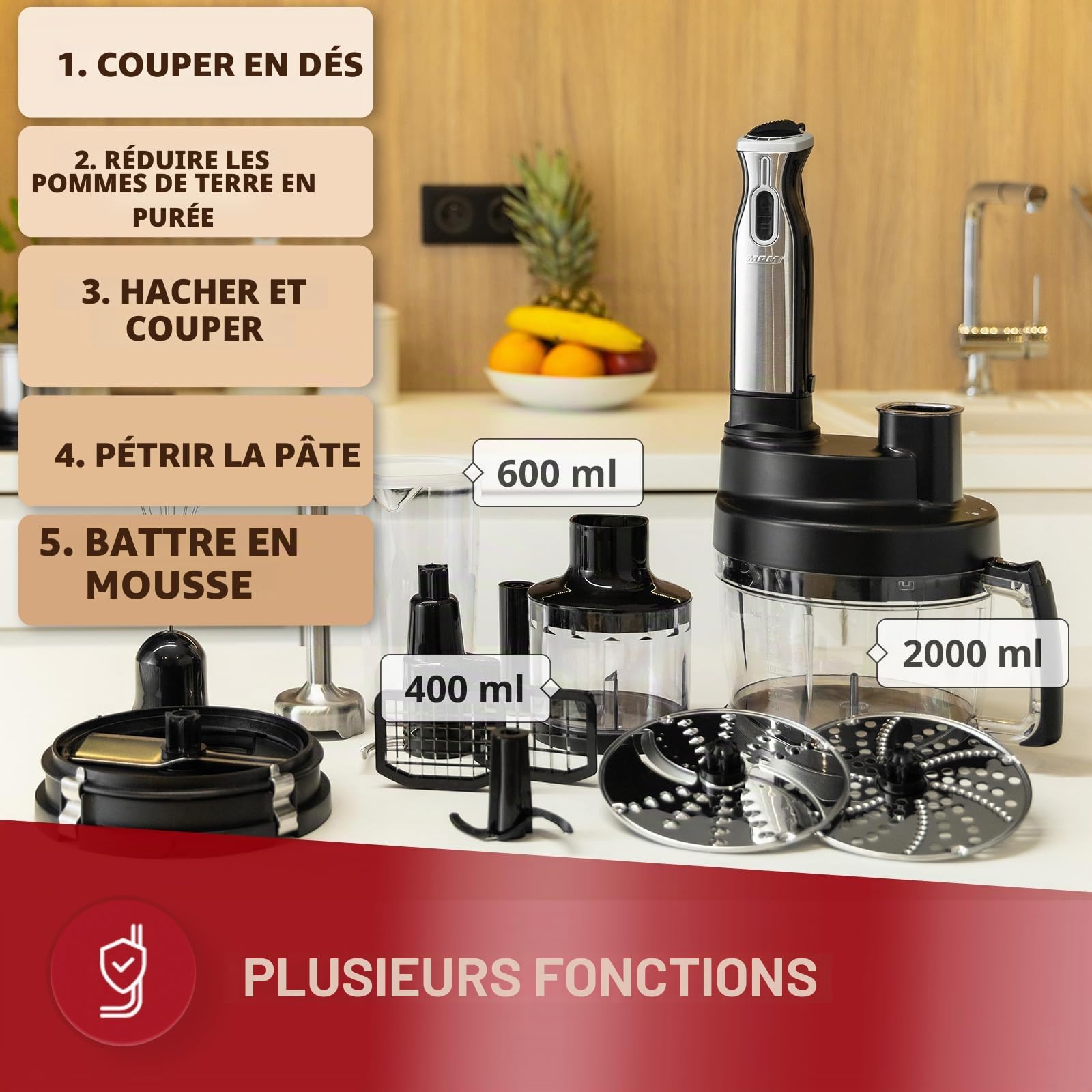 MPM MRK-17 Robot de Cuisine Multifonction, Processeur Alimentaire, Malaxeur, Mixeur, Hachoir, Râpe Tout-en-Un, Coupe-Patates, Accessoires en Acier Inoxydable Résistant au Lave-Vaisselle, 800W