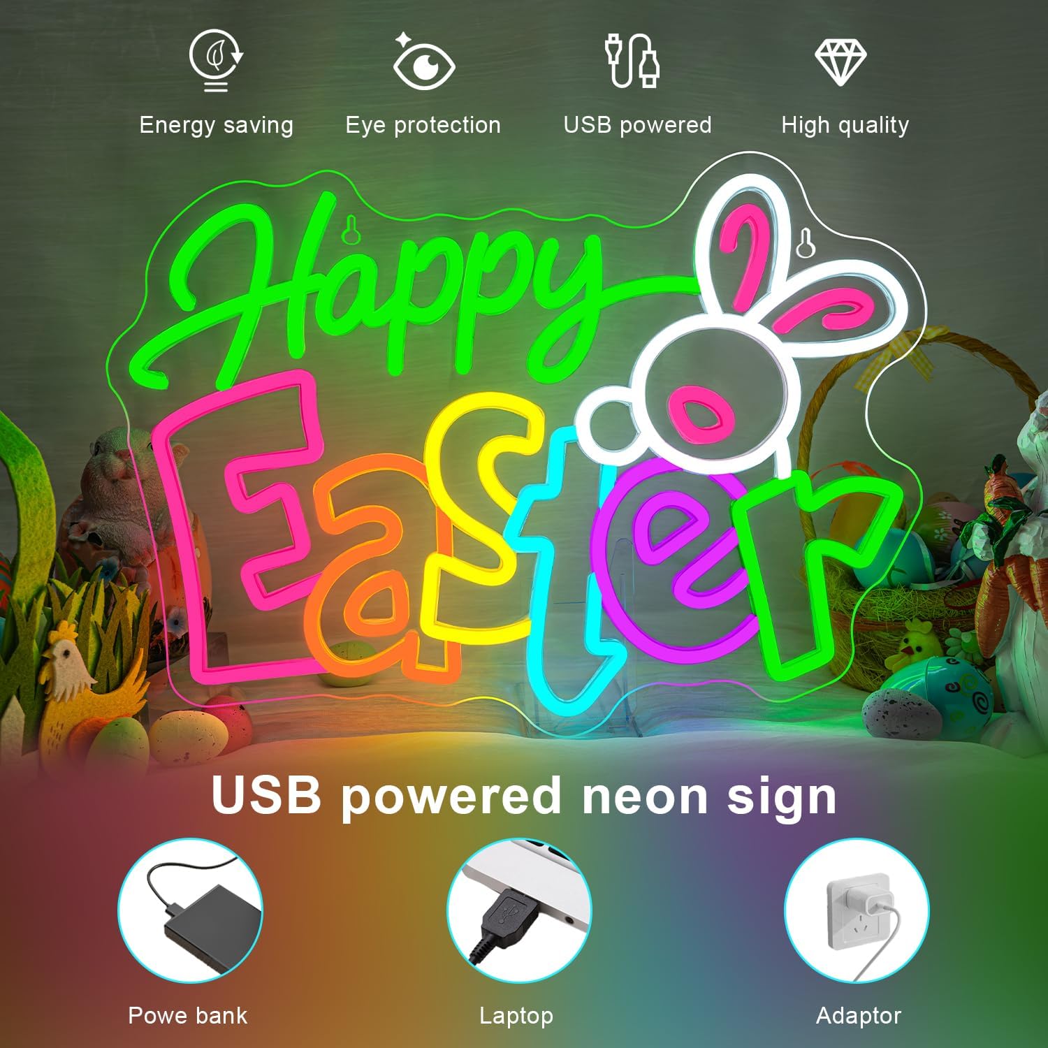 Happy Easter Neon Sign Bunny Neon Light Up Easter Decor Indoor for Home Living Room Windows Spring Decor LED Bunny Sign Rabbit Themed Gifts for Teens Families in Family Games