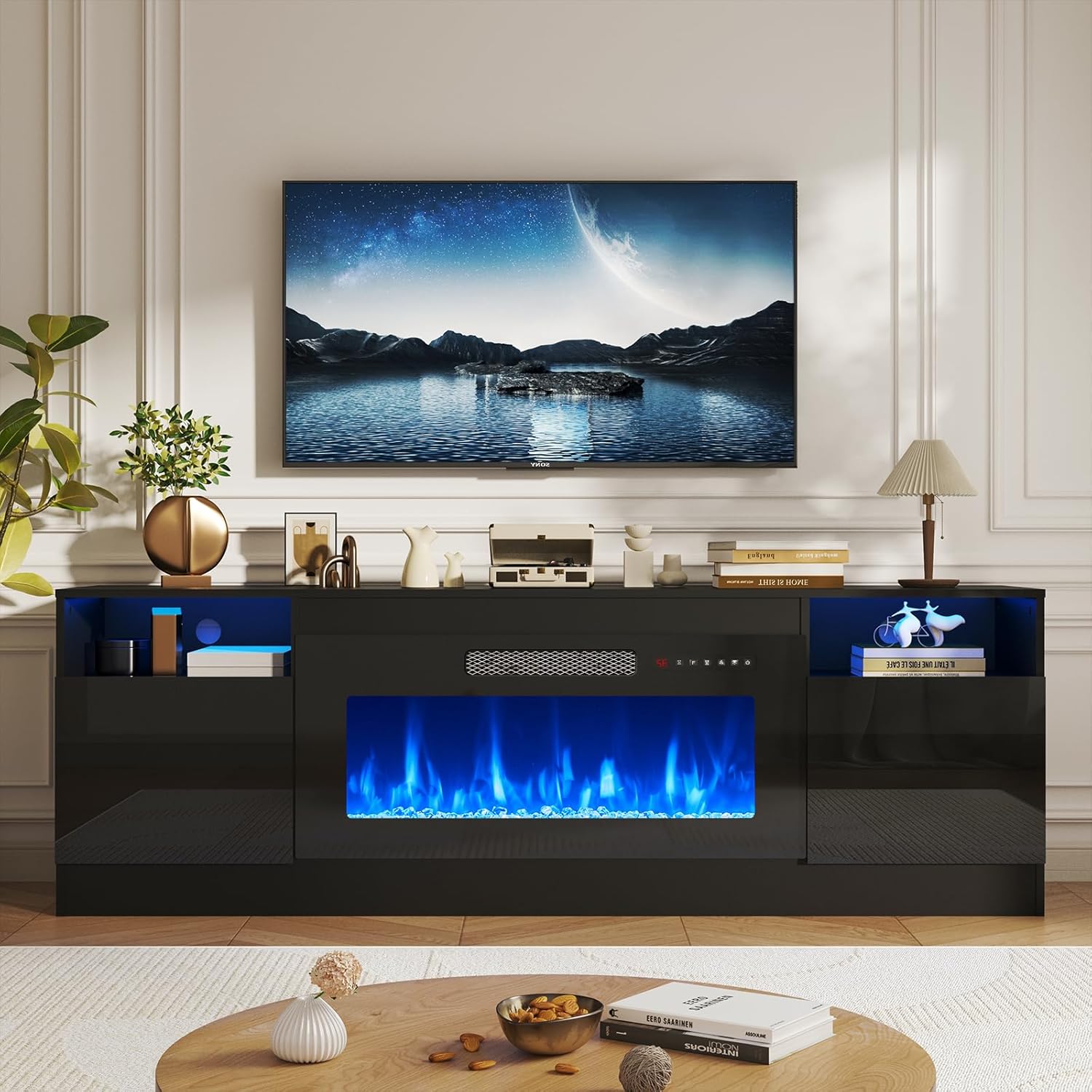 NEWTURN 70" Fireplace TV Stand with 36" Fireplace Up to 80" TVs, Entertainment Center with Storage Cabinet, Modern Media TV Console with Highlight Cabinet, 12 Colors LED Lights for Living Room, White