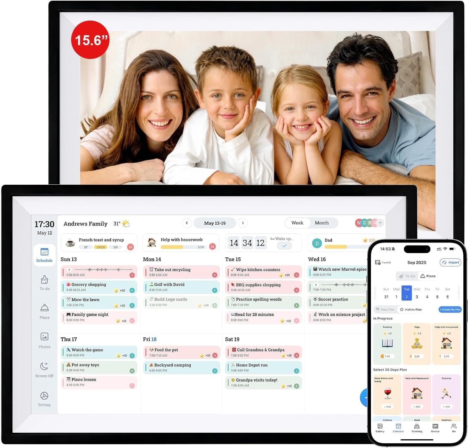 Calendrier Numérique 15,6" – Planning Familial Wi-FI & Cadre Photo Numérique, Organisation Familiale 1920 x 1080 Écran Tactile et Application, Sync Horaires & Partage Moments Via App, 32Go