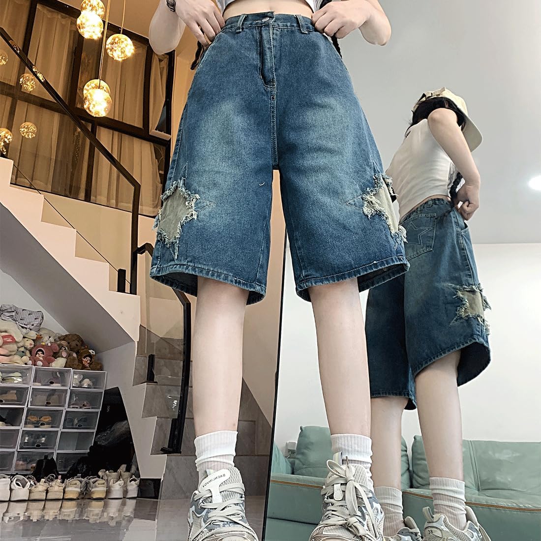 Y2K Gothic Grunge Casual Style High Waist Wide Leg Vintage Distressed Frayed Stars Trim Denim Cargo Shorts
