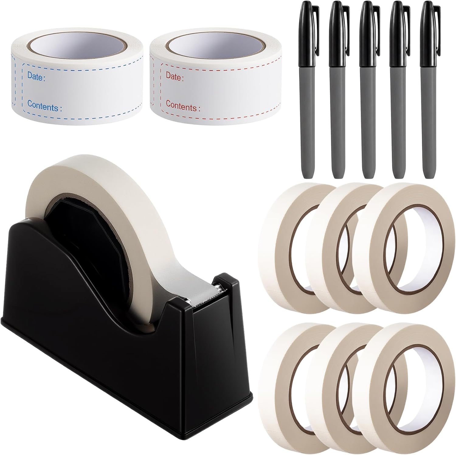 Resurhang 6 Rolls Freezer Tape with Tape Dispenser, 328 Yards Total, 1000 Pcs Freezer Labels, 5 Pcs Black Permanent Markers for Kitchen Refrigerator Food Meat Storage Organization Solution(White)