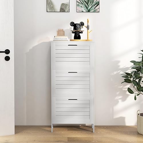 Miniatura 7 de Zapatero para entrada con 3 puertas con listones abatibles, gabinete delgado y oculto para zapatos, organizador de zapatos independiente de madera