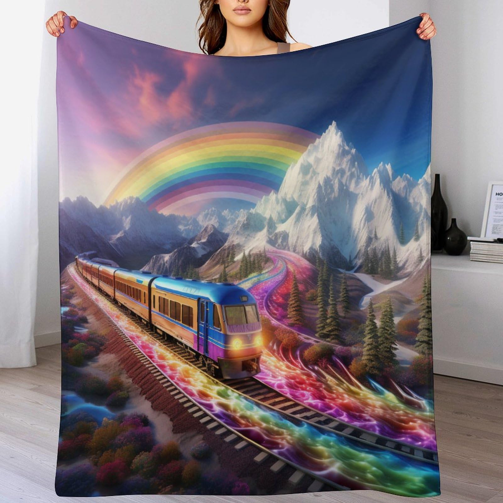 Couverture train arc-en-ciel pour cocooner sur le canapé du salon