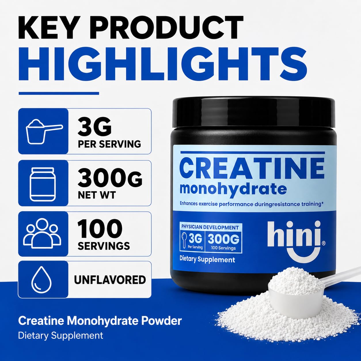 HINI Creatine Monohydrate Powder, 3g Per Serving, 100 Servings, Unflavored Creatine Powder for Men & Women, Pure Creatine Monohydrate Supplement, Supports Muscle Strength, Power & Recovery, 10.58 oz — Amazon image 2