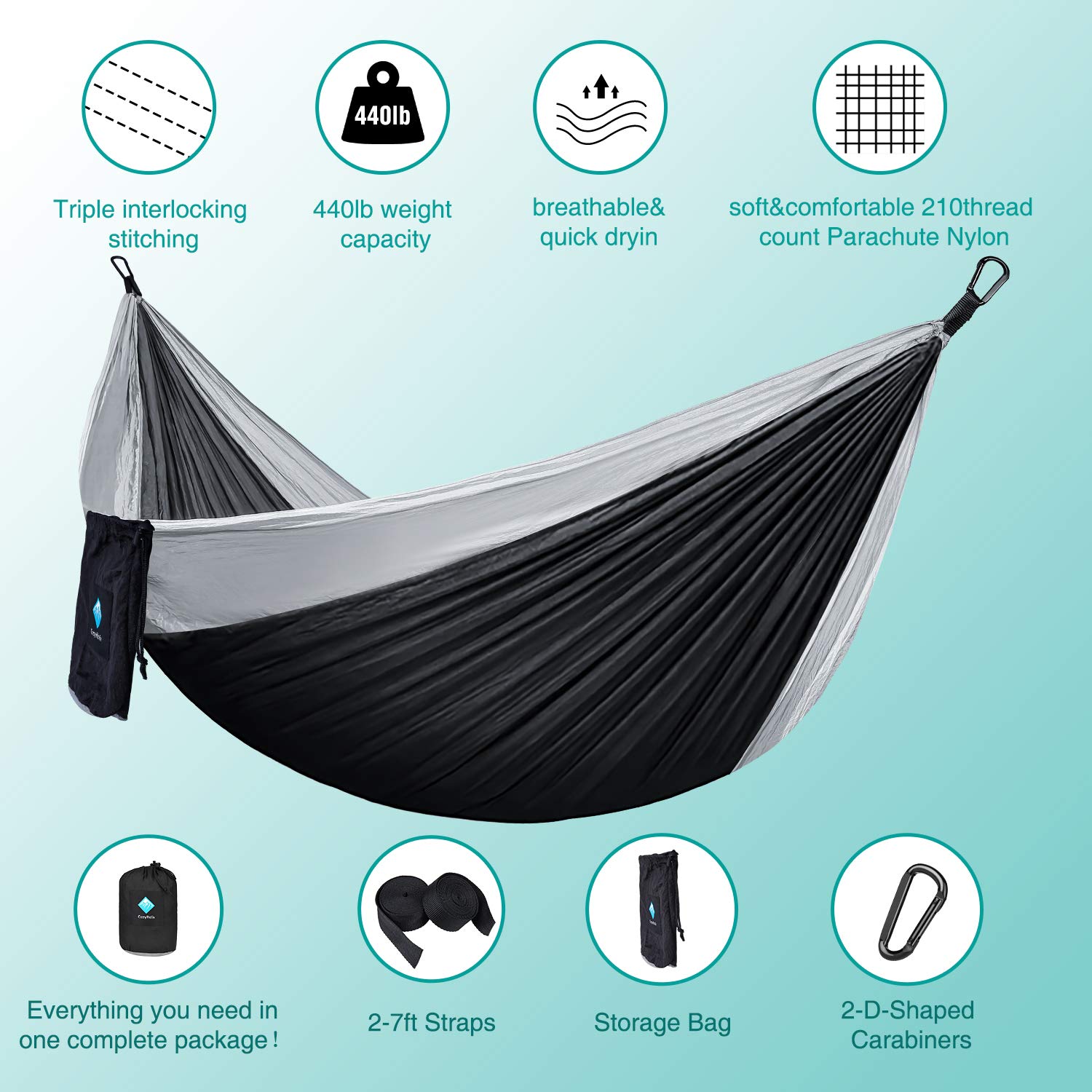 Hamaca para campamento, hamacas portátiles individuales/dobles para senderismo al aire libre, viajes, mochilero, hamaca de nailon 210D para patio trasero y jardín (negro/gris) 8