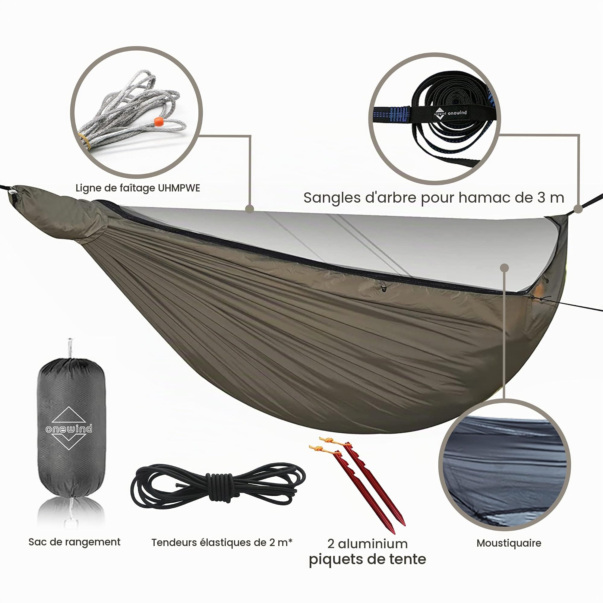 Onewind Hamac de camping de 3,7 m avec moustiquaire et structure Ridgeline, hamac double léger et portable avec sangles d'arbre de 3,7 m et bugnet, idéal pour le camping sauvage, la randonnée, la