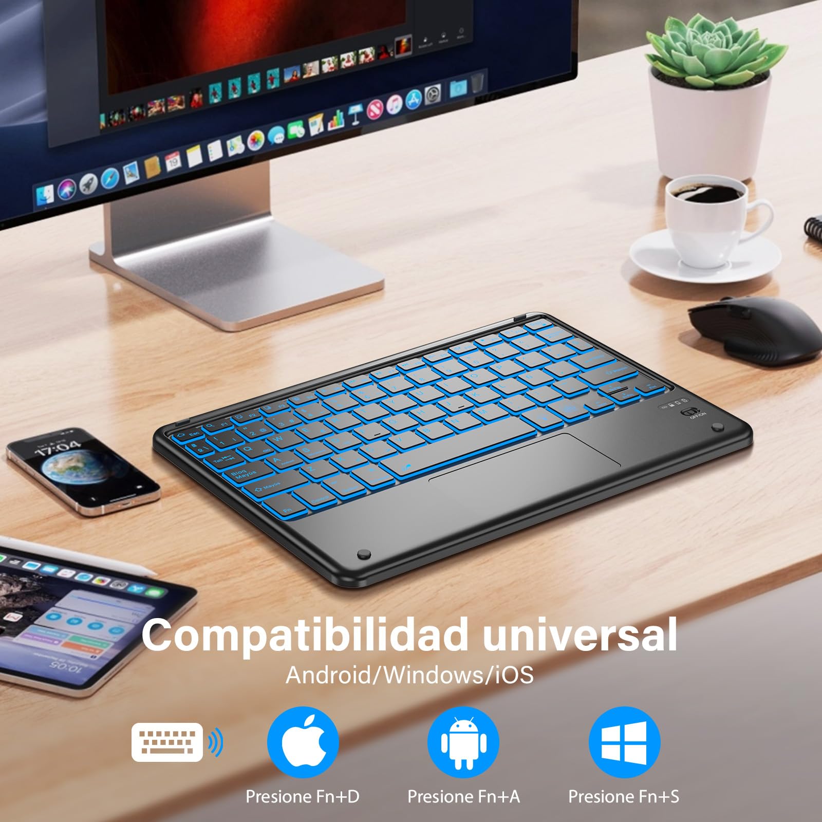 KBCASE Teclado con TouchPad, Teclado Bluetooth Inalámbrico Español para Tablet iPad/iOS/Android/Windows/iPad Pro/iPad Air/iPad Mini, Samsung, Lenovo, Huawei, iPhone y Retroiluminación de 7 Colores