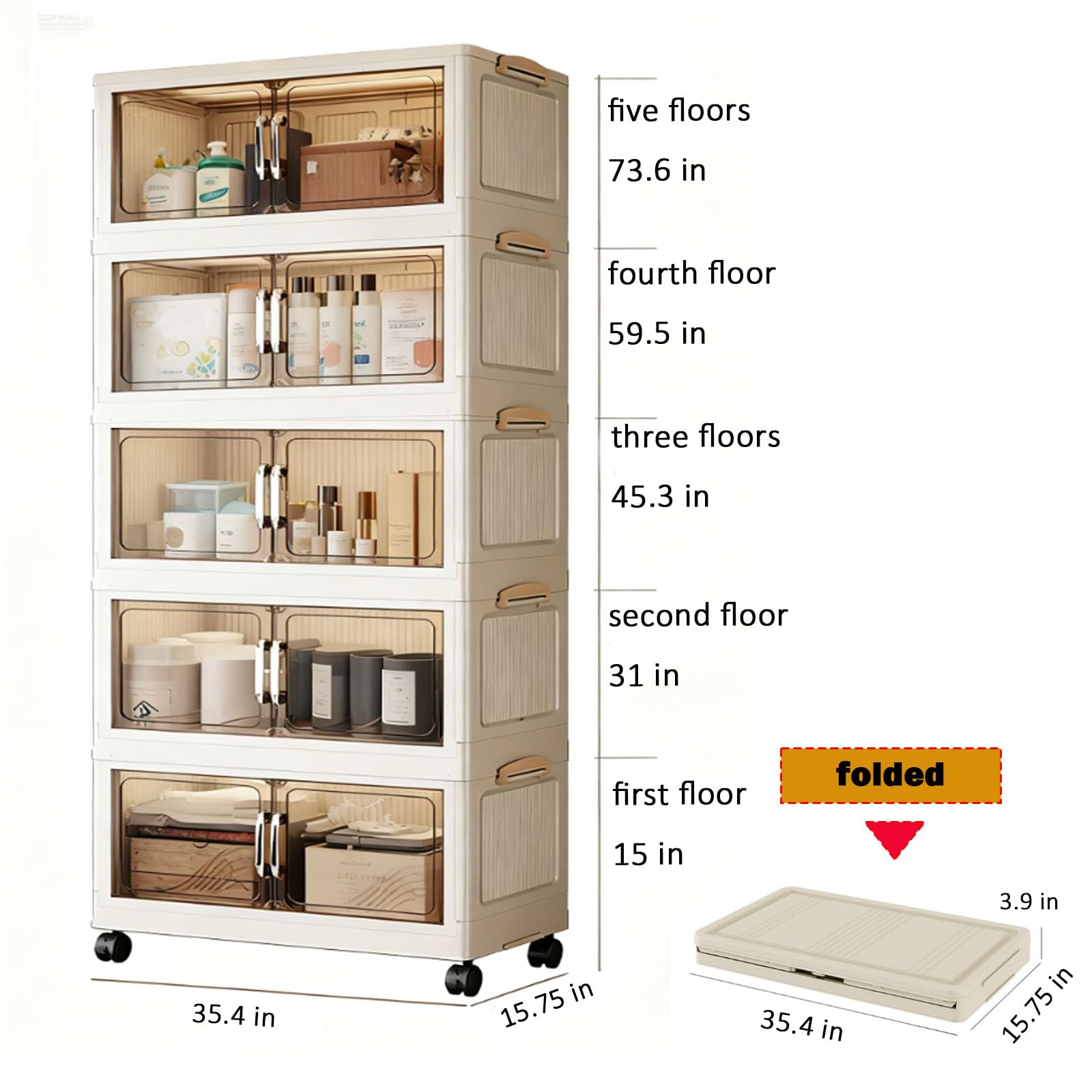 5 Tier Plastic Storage Bins with Lid,Storage Box for Home,Stackable Clothes Organizer, Foldable Stackable Storage Containers with Wheels，Closet Organizers and Storage for Office,Living Room,Dorm - 3