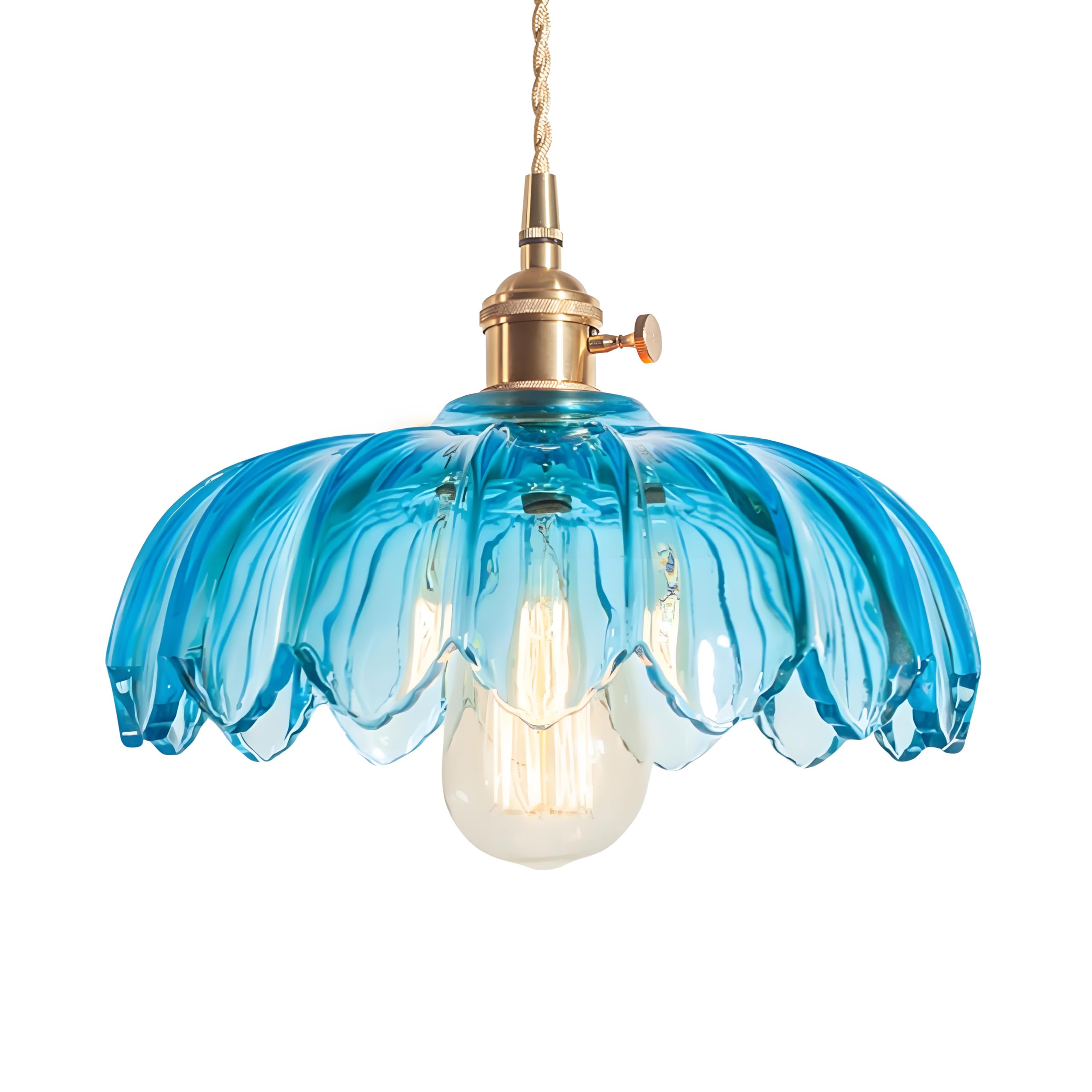Nicrx Blue 25Cm Industrial Vintage Pendant Lighting Fixture Glass Lotus Lamp Shade Pendant Light Chandelier E27 Brass Finish Ceiling Hanging Lamp (Blue)