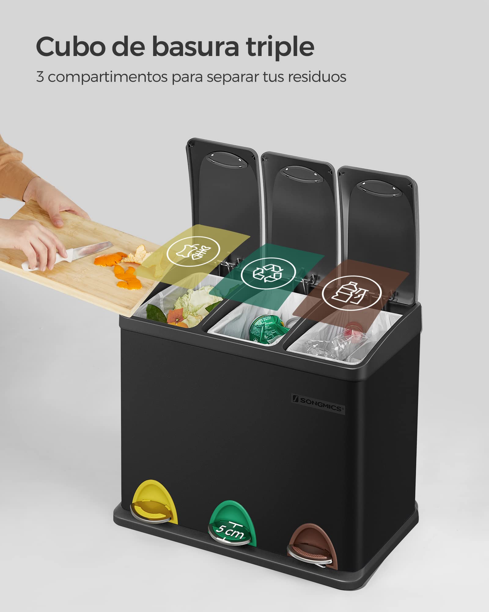 SONGMICS - Papelera de cocina, 3 x 8 L, pequeño volumen, tapas, basura triple de acero, para pequeñas familias, pedales y cuartos, fácil de limpiar, negro LTB24BK