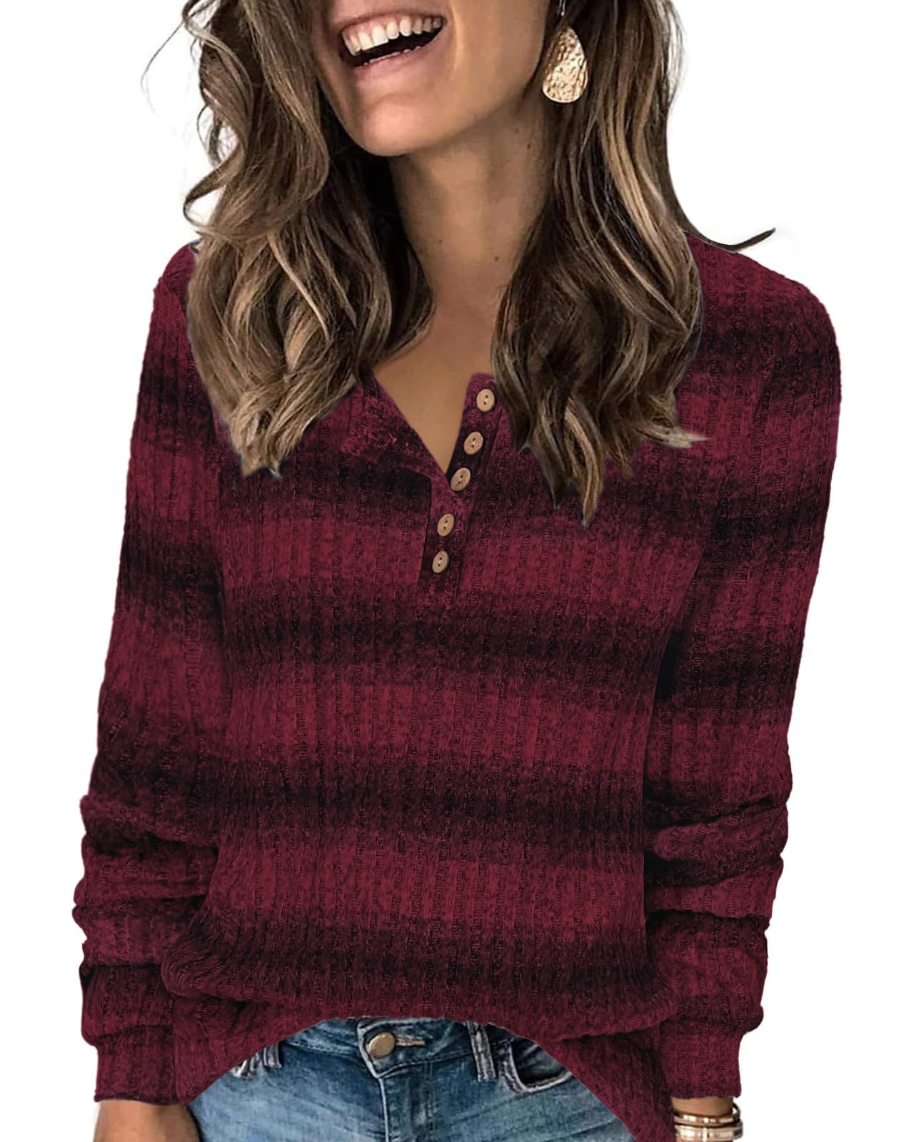 Tanmolo Damen Leichte Strickpullover Langarm Henley Shirt Herbst lässig Rundhals-Knöpfe Elegant Sweatshirt Tunika Tops