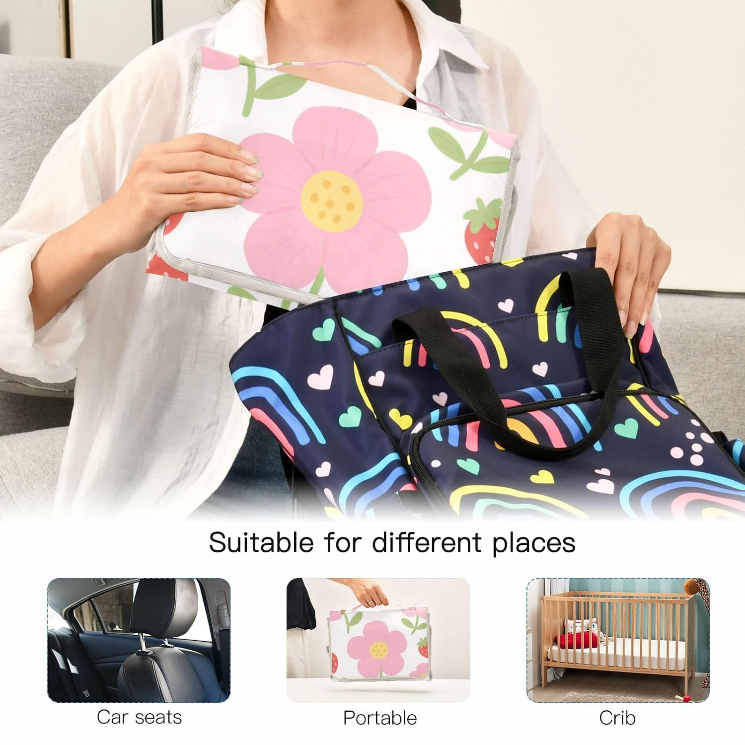 Cute Pink-Flowered Strawberries Reusable Changing pad Baby with Tissue Pocket Diaper Changing pad Portable with Built-in Pillow cambiador de pa?ales para Bebes