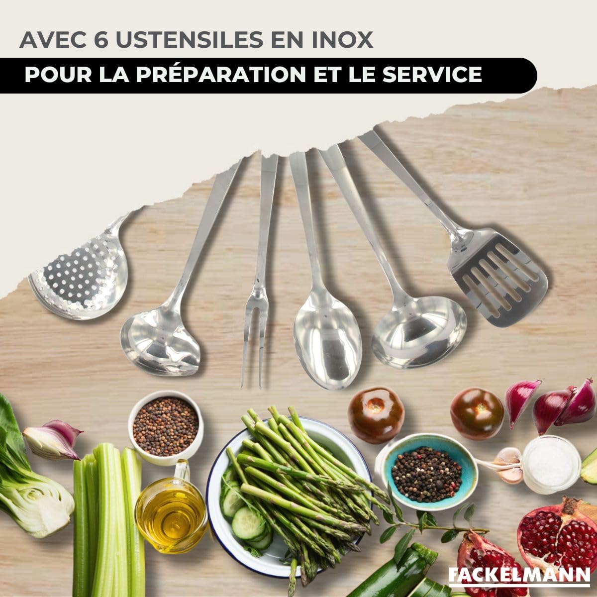 Fackelmann Set 2 poêles inox 24 et 28 cm, couvercles et 6 ustensiles inox