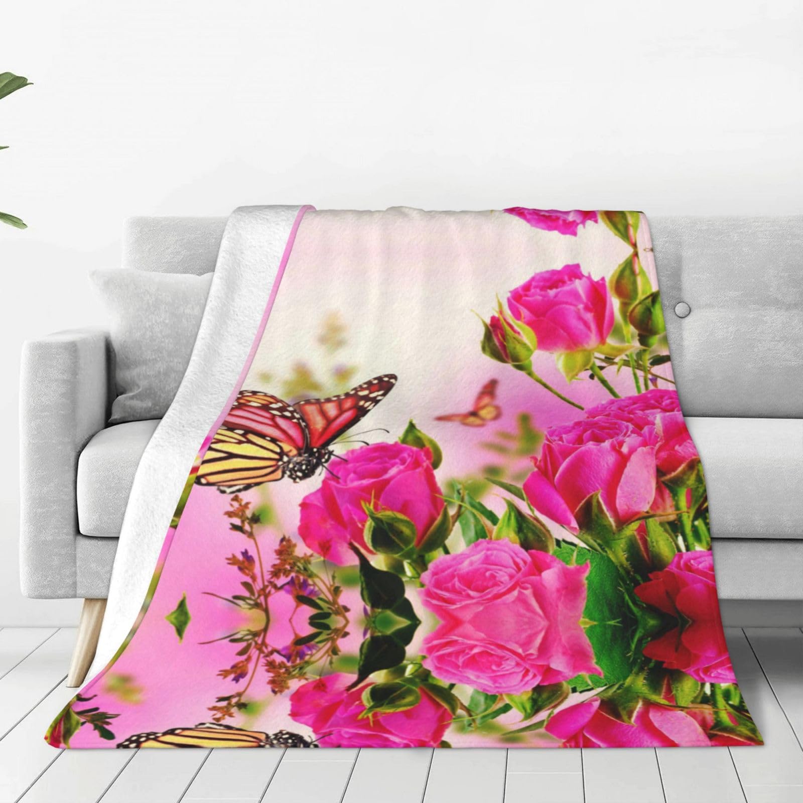 Couverture polaire imprimée roses et papillons rouges couverture en flanelle douce 152x127 cm