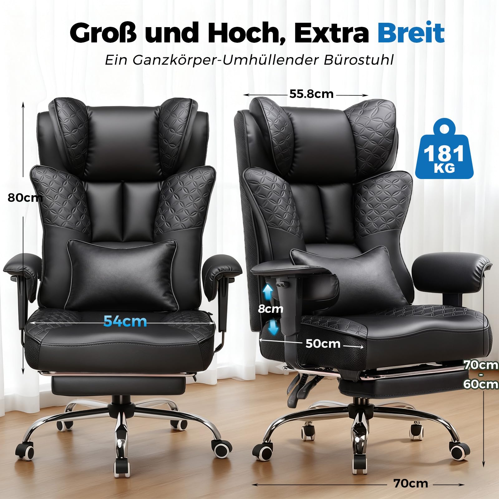 GTPLAYER Gaming Stuhl, Bürostuhl mit Fußstütze Chefsessel Schreibtischstuhl mit Taschenfeder-Kissen Ergonomischer bis 200kg, PU-Leder Höhenverstellbar Home Office Gaming Sessel, Schwarz