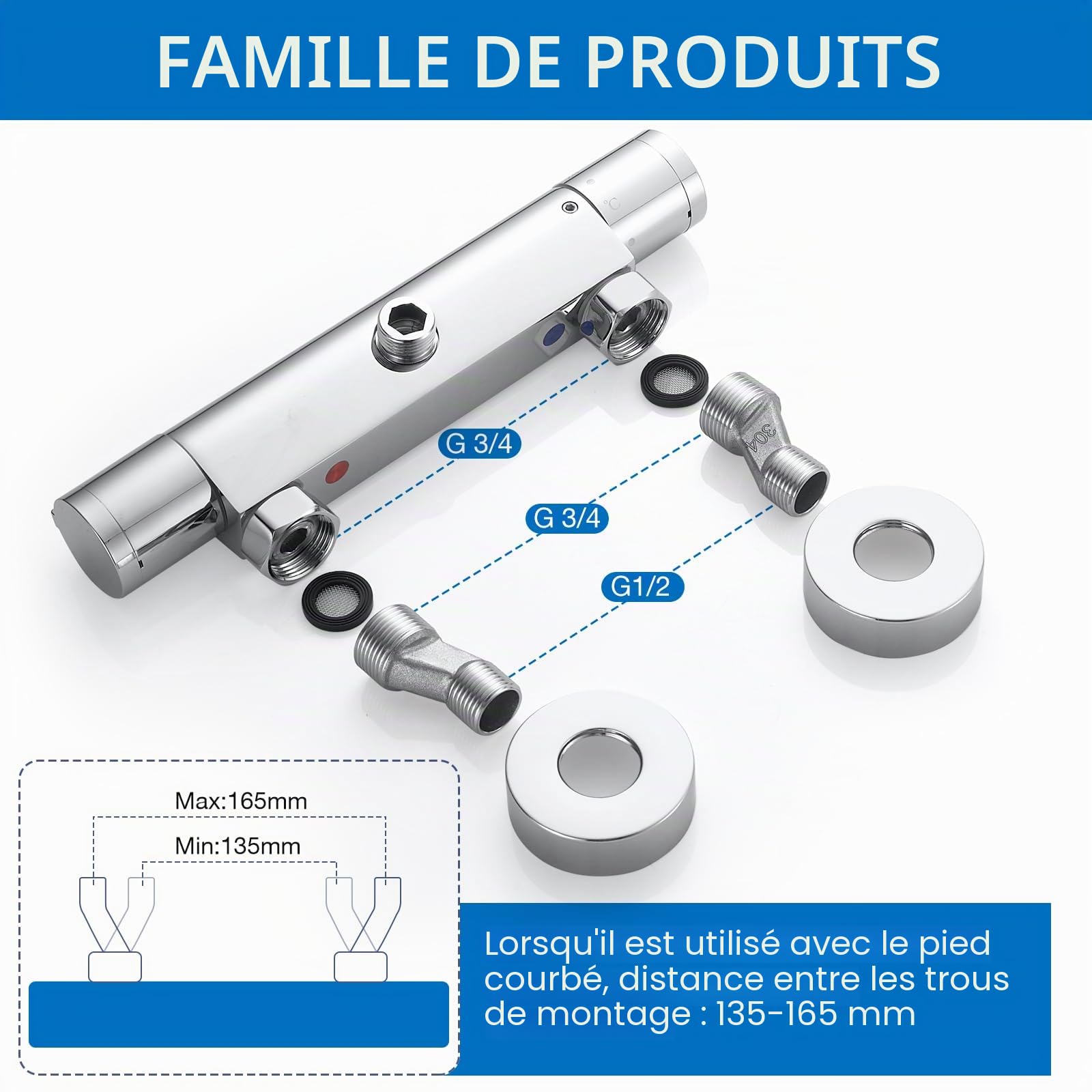 Mitigeur Thermostatique Douche, Murale Robinet Thermostatique de Douche avec Bouton Sécurisé à 38°C Anti-brûlure Mitigeur de Douche Thermostatique Entraxe 150mm - Chromé