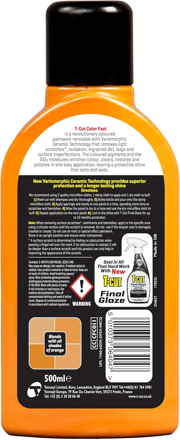 T-Cut Color Fast Orange Scratch Remover, Car Wax Polish, Color Enhancer, 17 Oz & T-Cut Car Wax Microfibre Applicator Set, Achieve a Smooth Finish & Professional Streak Free Shine