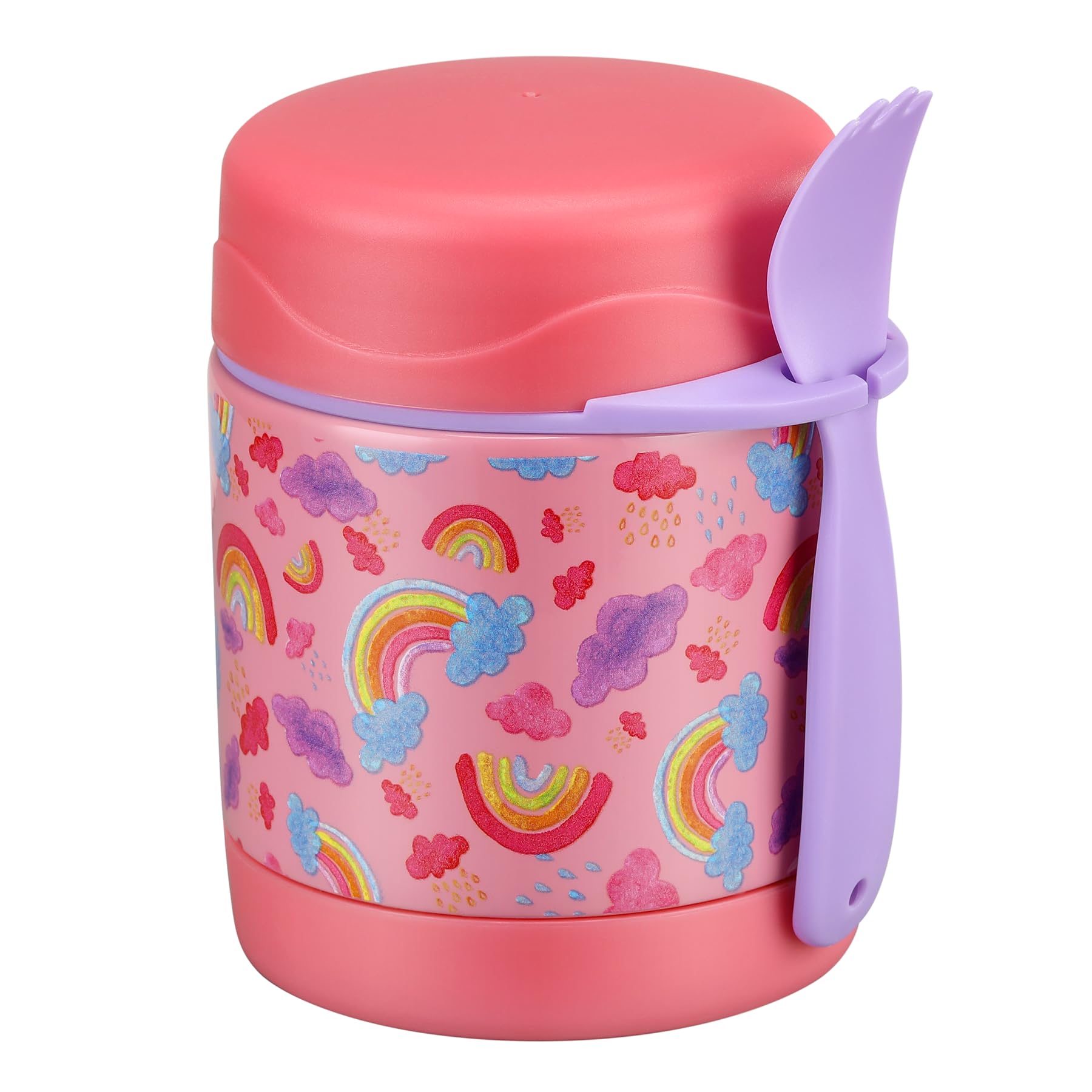 Pawtong 10oz Soup Thermo for Hot Food Kids Insulated Food Jar,Thermo Hot Food Lunch Container, Width Mouth Stainless Steel Lunch Box for Kids with Spoon (Pink-rainbow)