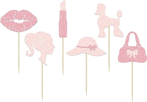 Miniatura 3 de Gyufise 24 piezas de decoración de cupcakes de princesa, sombrero con purpurina, lápiz labial, tacón alto, baby shower, magdalenas, temática de