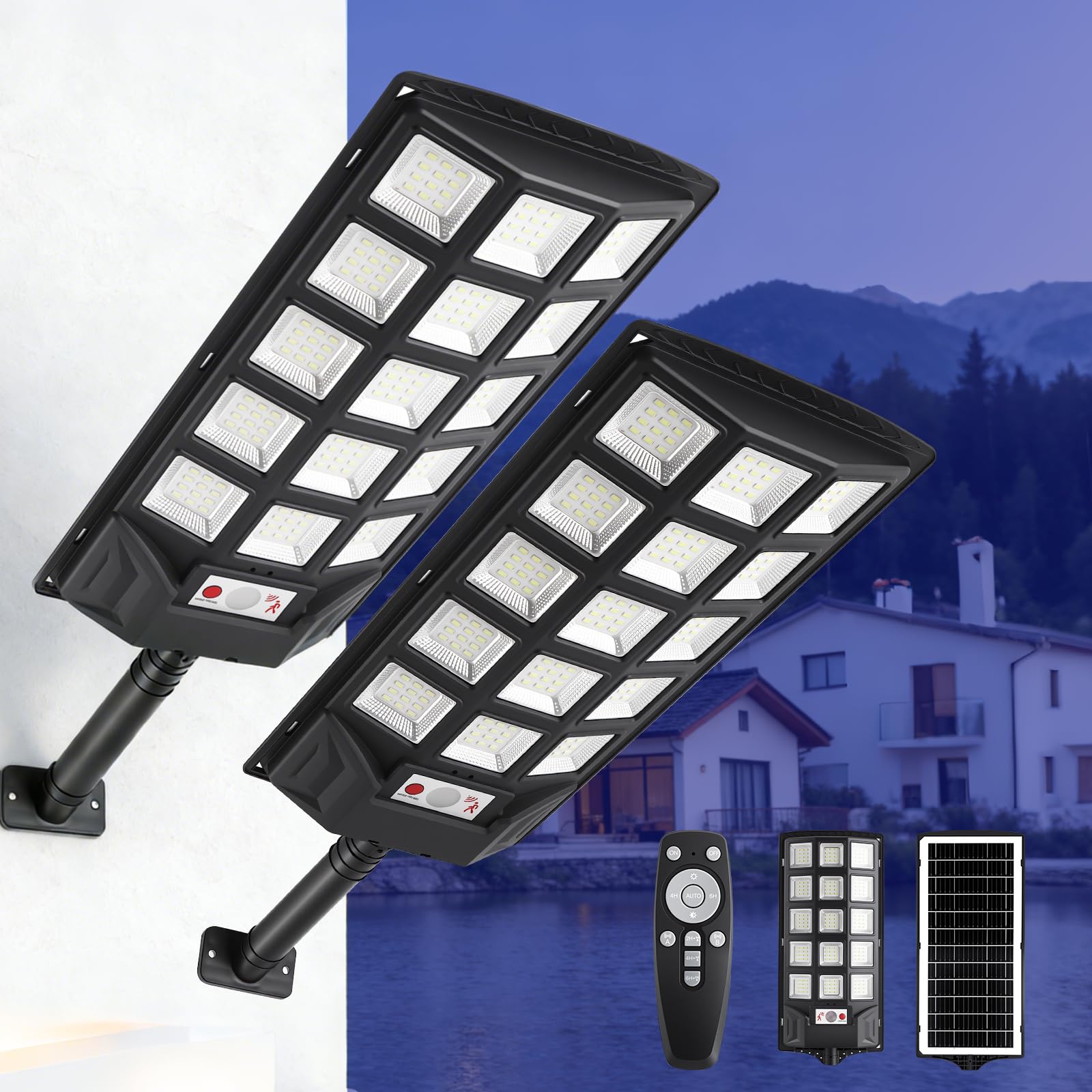 Lámparas solares de 1000 W para exteriores, 2 unidades con mando a distancia, 6500 K, farola solar de calle, crepúsculo hasta el amanecer, IP66, lámpara solar de camino al aire libre para