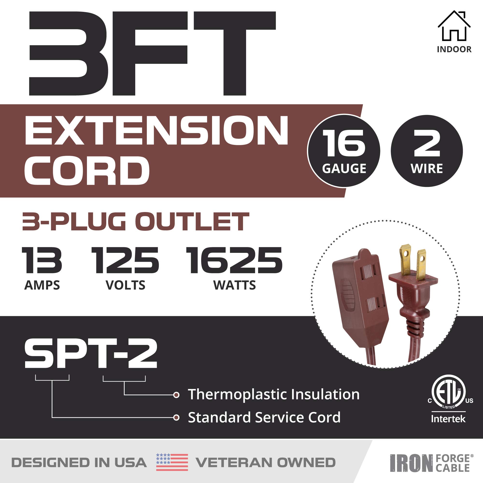 Cable de extensión IRON FORGE de 3 pies, color café, paquete de 2, cable eléctrico duradero de 16/2