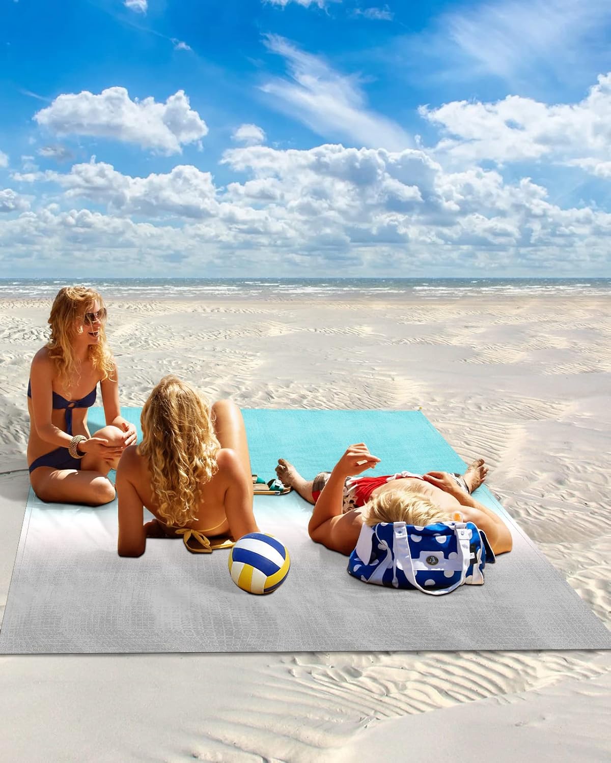 Teal White Gray Ombre Color Beach Blanket Waterproof Sandproof Outdoor Picnic Mat 118"x108" Modern Gradient Art Lightweight Large Beaach Blankets with 4 Stake & 4 Corner Pockets