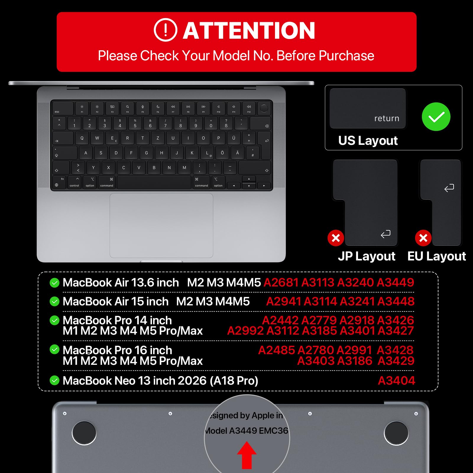 Protezione per tastiera ultra sottile di alta qualità, compatibile con MacBook Air 13/15 M5/M4/M3/M2/M1 Pro/Max MacBook Pro 14/16, M4/M3/M2 MacBook Air 13/15, layout USA, Surround Touch ID