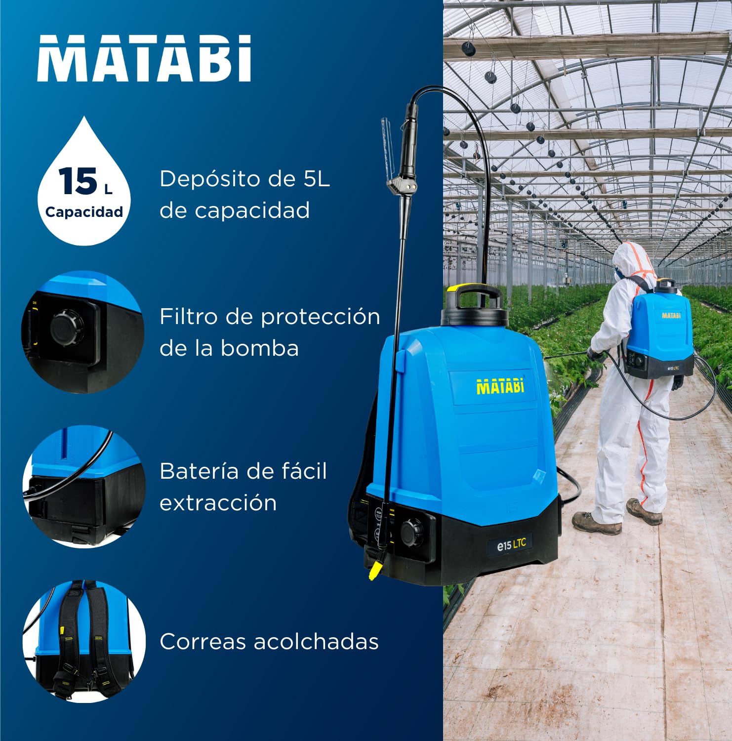 Matabi e15LTC Pulverizador Eléctrico 15L - Batería Litio 20V - 4 Boquillas | 2 Modos Pulverización Homogénea - Sulfatadora Batería 25 Depósitos - Aplicaciones Agrícolas, Huertos y Jardinería Profesional