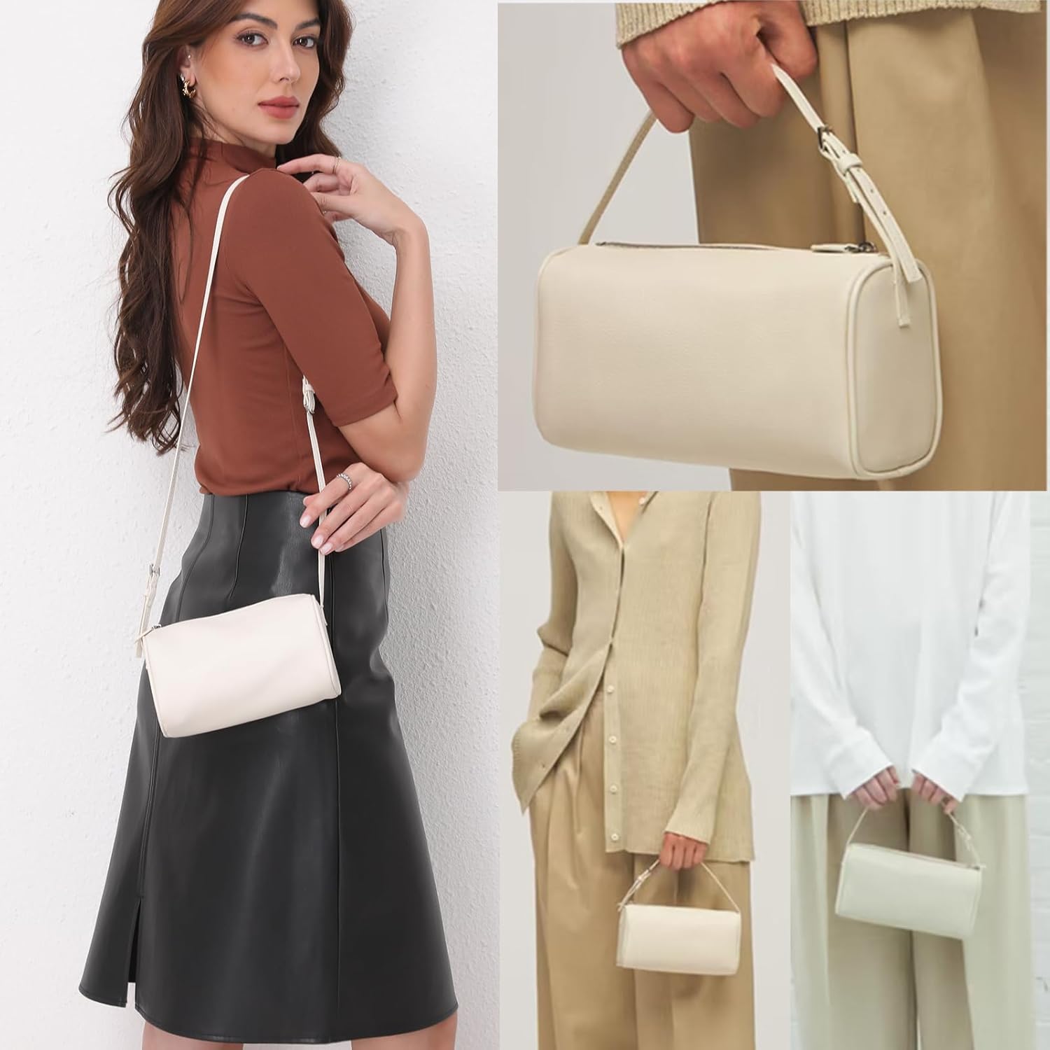 Genuine Leather Barrel Bag with Addiional Adjustable Strap, Calfskin Hobo Bags Inner Sheepskin Crossbody Purse with ID Holder - Image 2