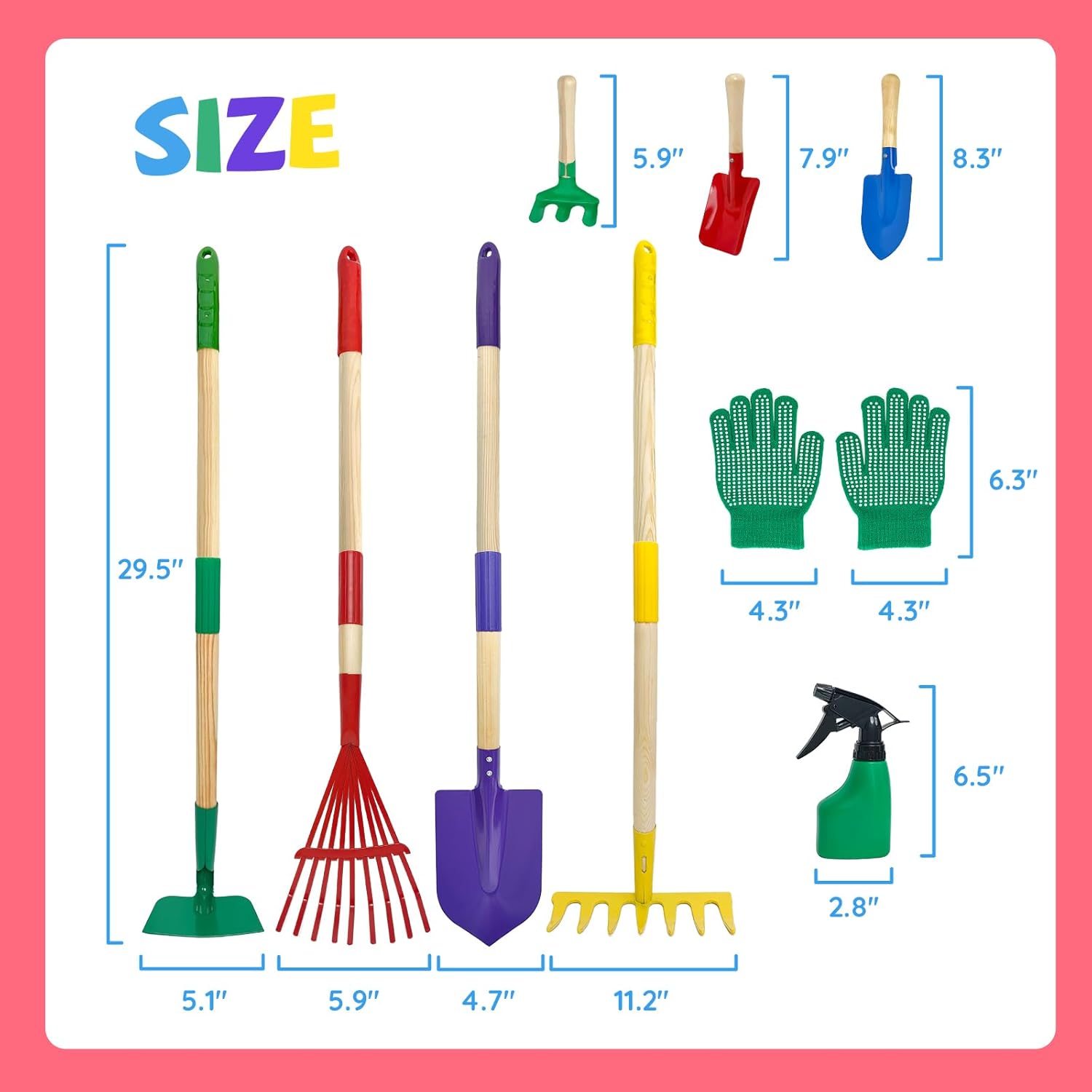 VICHTOP 9Pcs Kids Gardening Tools Set - Toys with Shovel, Rake, Hoe and Leaf Rake for Outdoor Backyard Play, STEM Educational Toys, Ideal Christmas Birthday Gifts for Toddler Boys & Girls Ages 3 4 5